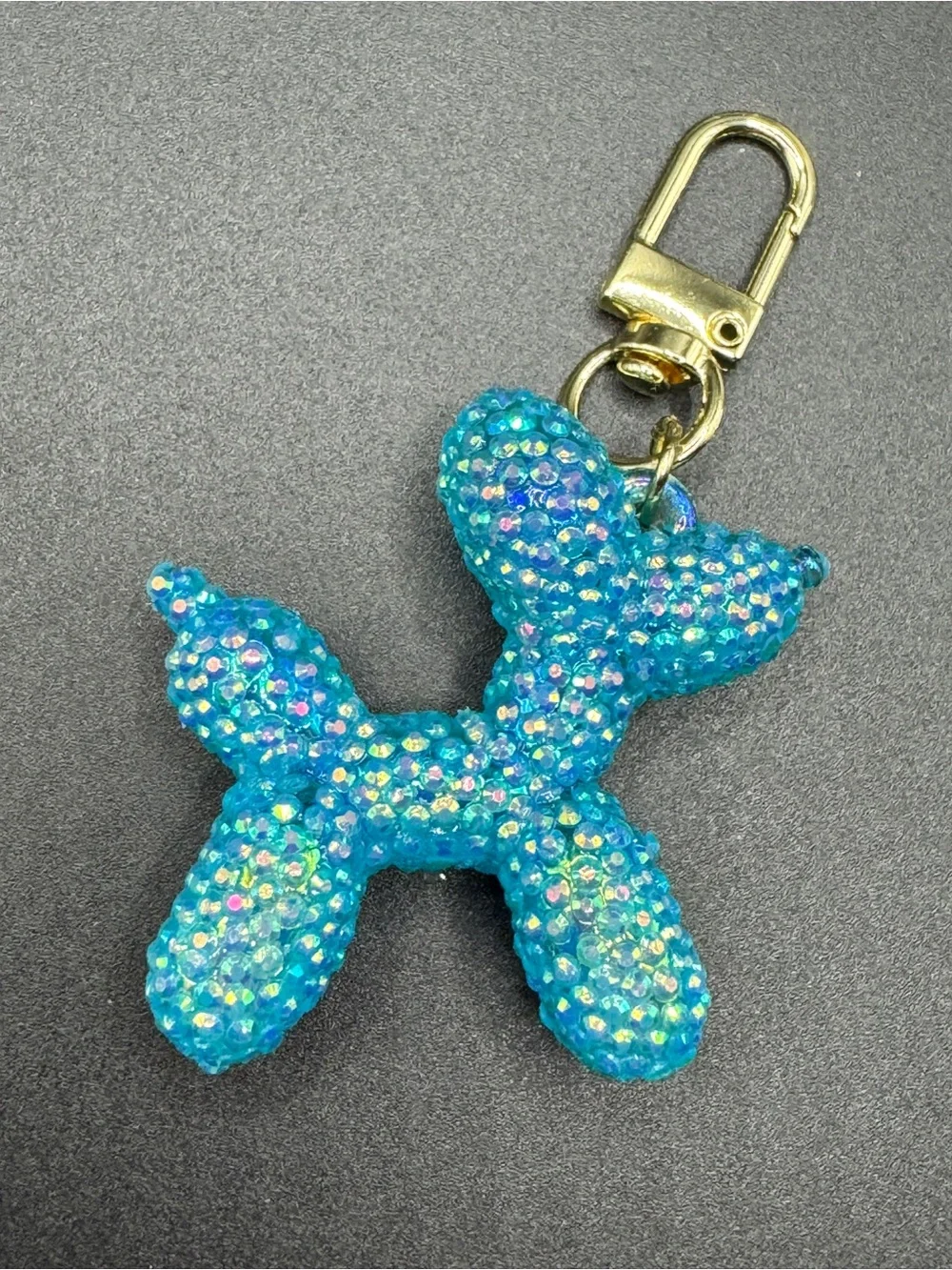 Hand Blinged Aqua Balloon Dog Bag Charm Keychain Resin Rhibestones